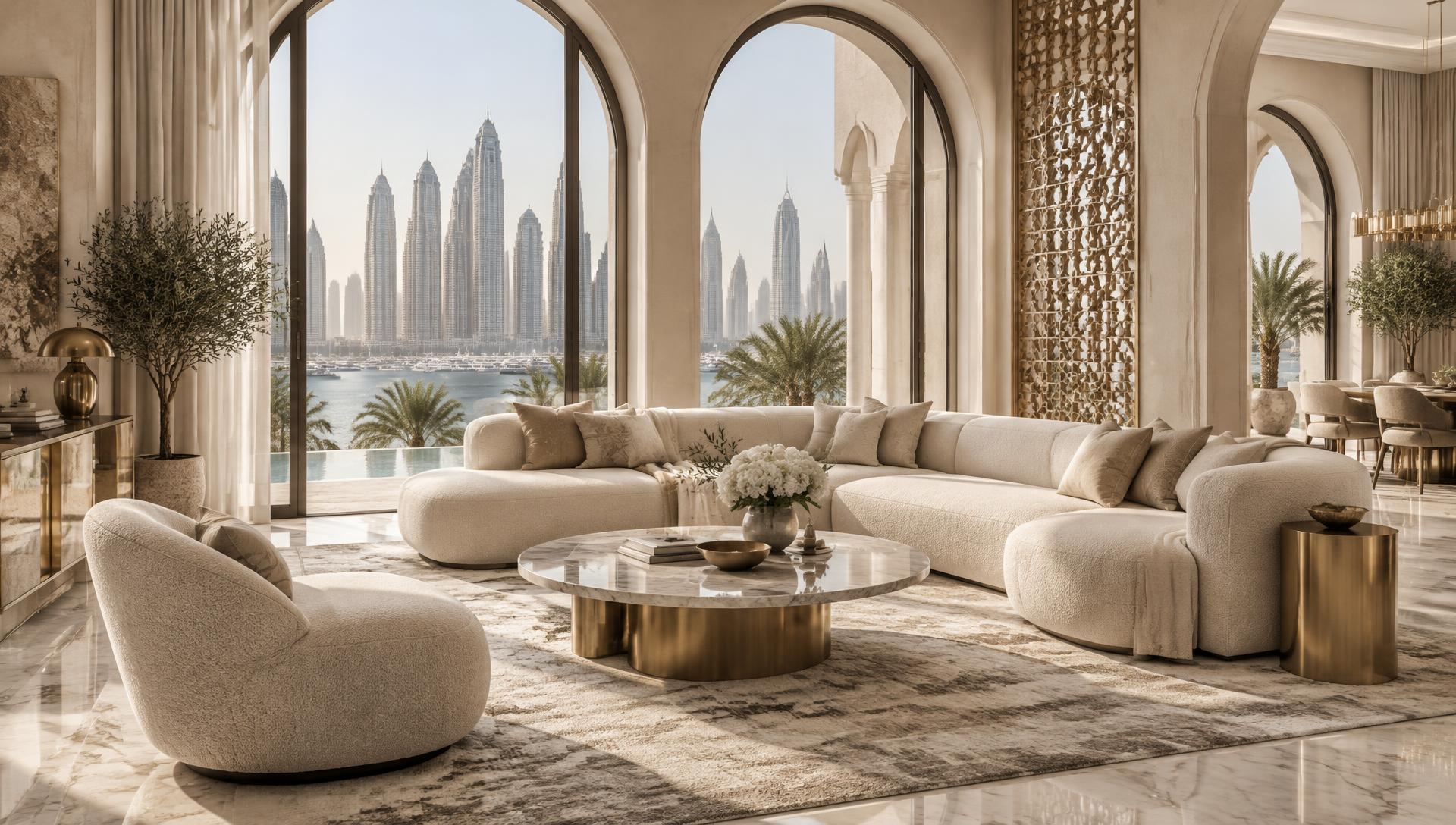 Contemporary living room with ivory curved sofa