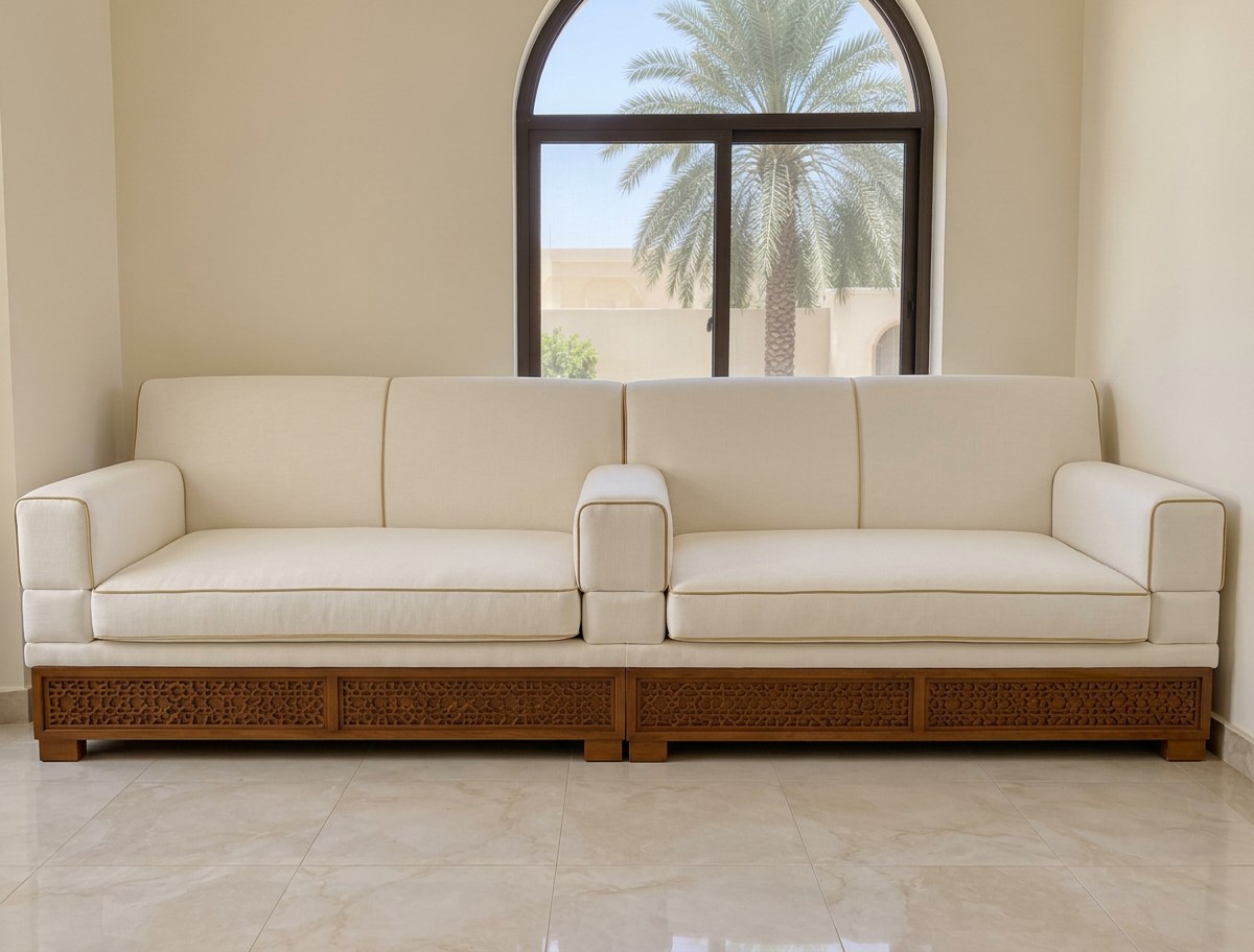Sofa after reupholstery in cream linen